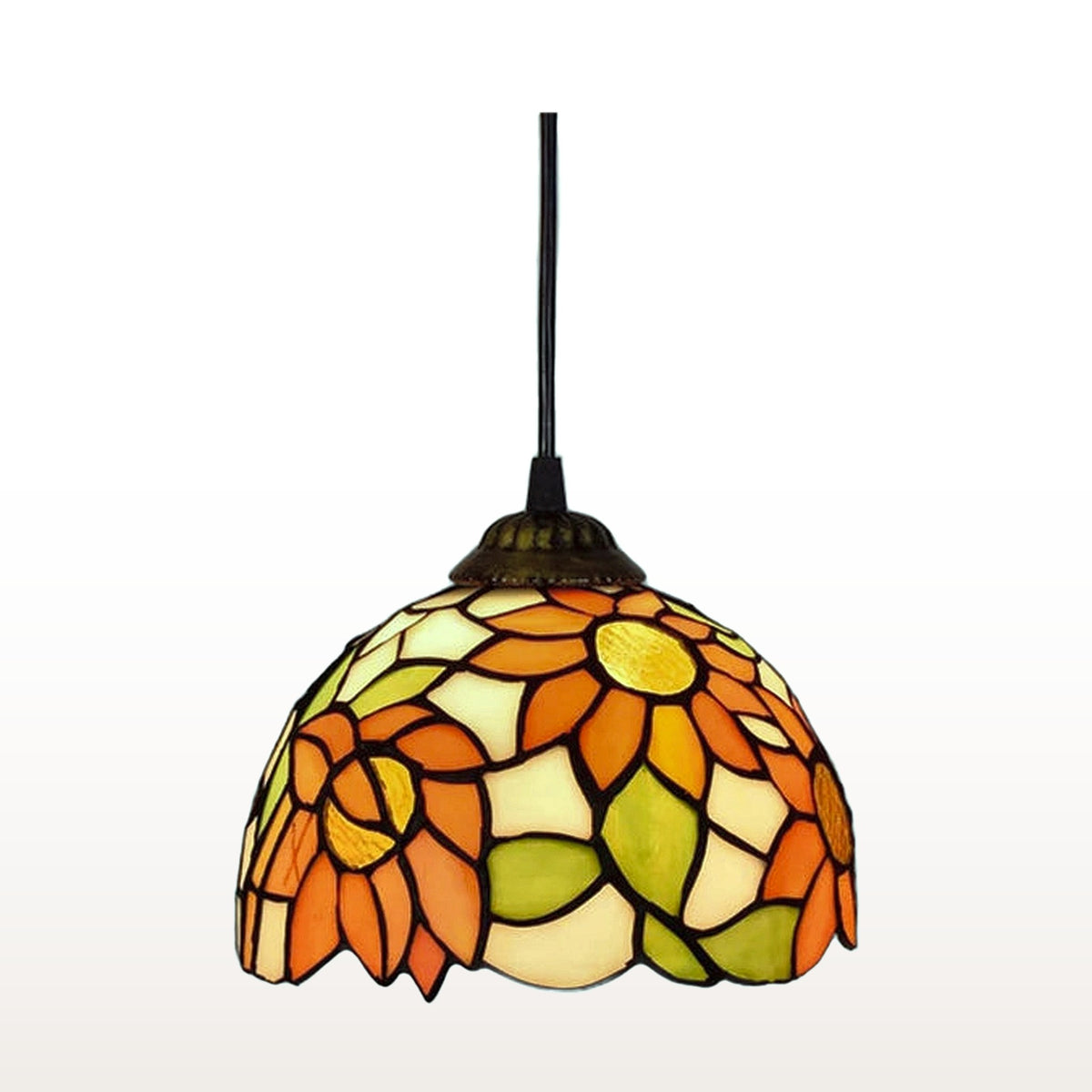 Suspension style Tiffany Soleil d'automne, vitrail sur fond blanc