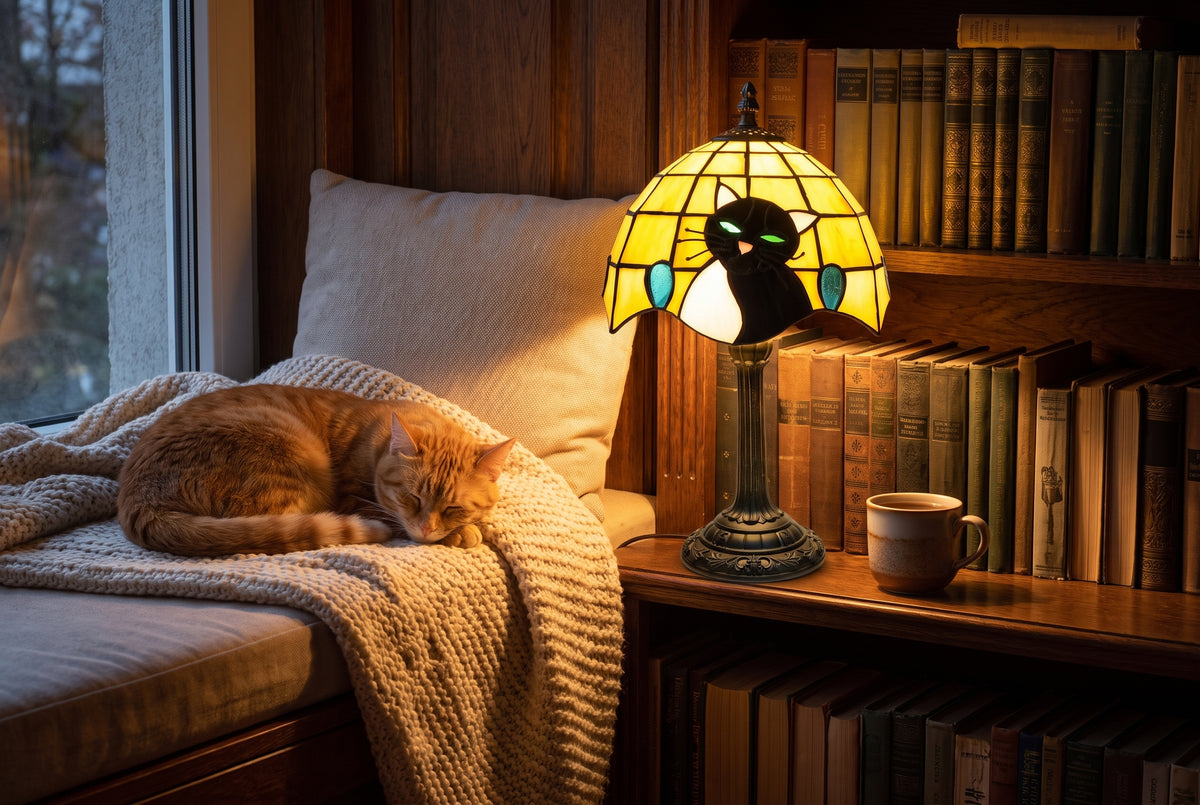 Lampe style Tiffany chat noir allumée dans un coin lecture, un chat roux endormi à côté