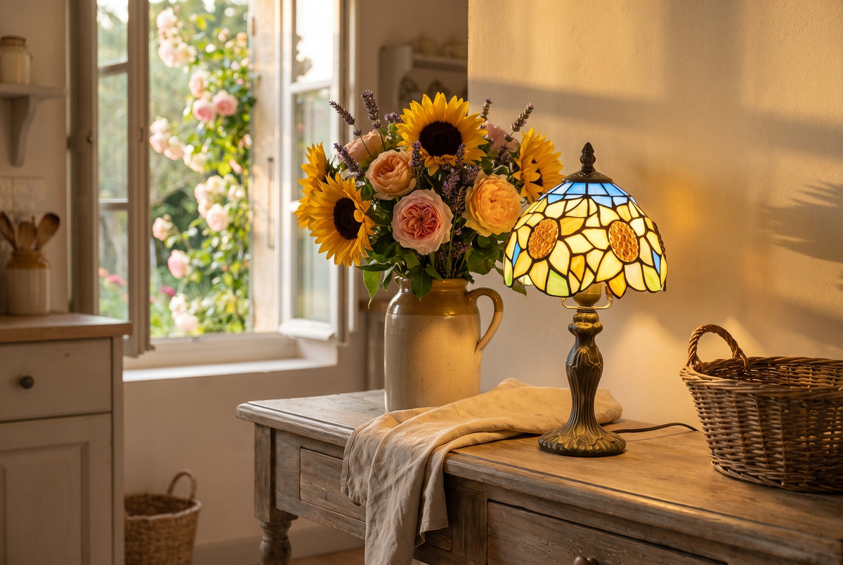 Lampe style Tiffany aux tournesols allumée à côté d'un bouquet de fleurs