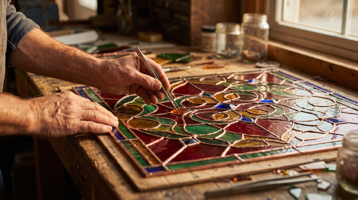Mains d'un artisan verrier assemblant un vitrail au style Tiffany